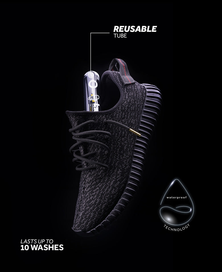 Sneaker adorned with sleek black Crep Protect laces, enhancing its style.