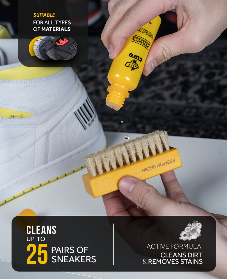 Cleaning tool for sneakers with a brush and bottle, suitable for various materials.