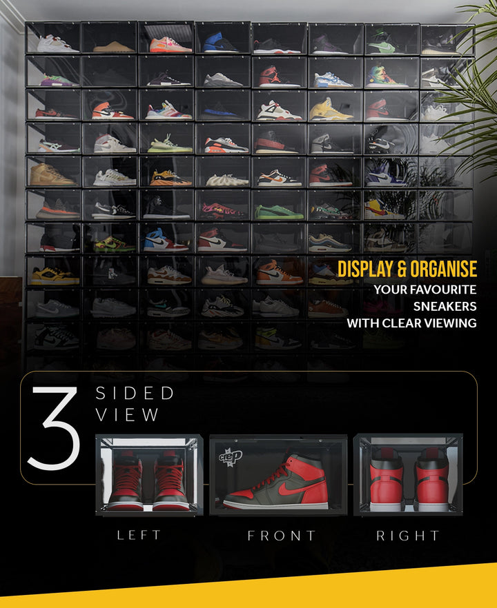Sneakers Neatly Organized in a Wall of Crep Protect sneaker box 3.0