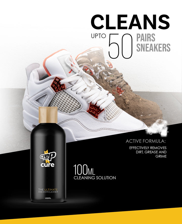 Comparison of Dirty and Clean Sneakers Next to Crep Protect Cure Solution