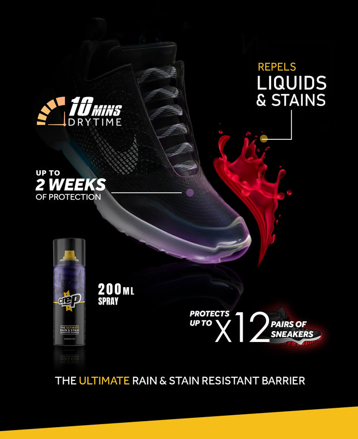 Crep protect rain and stain shoe protective spray beside a sneaker for waterproofing.