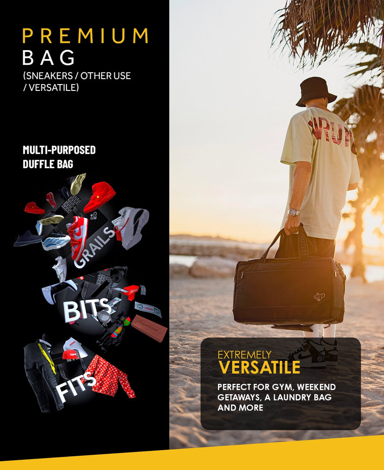 Man holding a Crep Protect sneaker bag, demonstrating its convenient design for carrying shoes on the go.