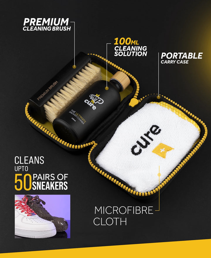 Crep Protect Ultimate Sneaker Cleaning Kit, featuring brushes, solutions, and cloth