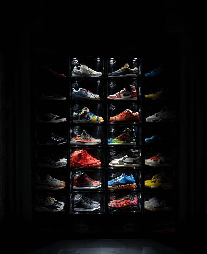 Expansive wall of diverse sneakers meticulously organized within the transparent Crep Protect sneaker box 3.0