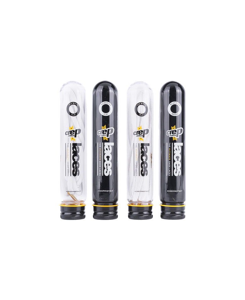 Contrasting black and white Crep Protect laces, versatile choices for sneaker customization.