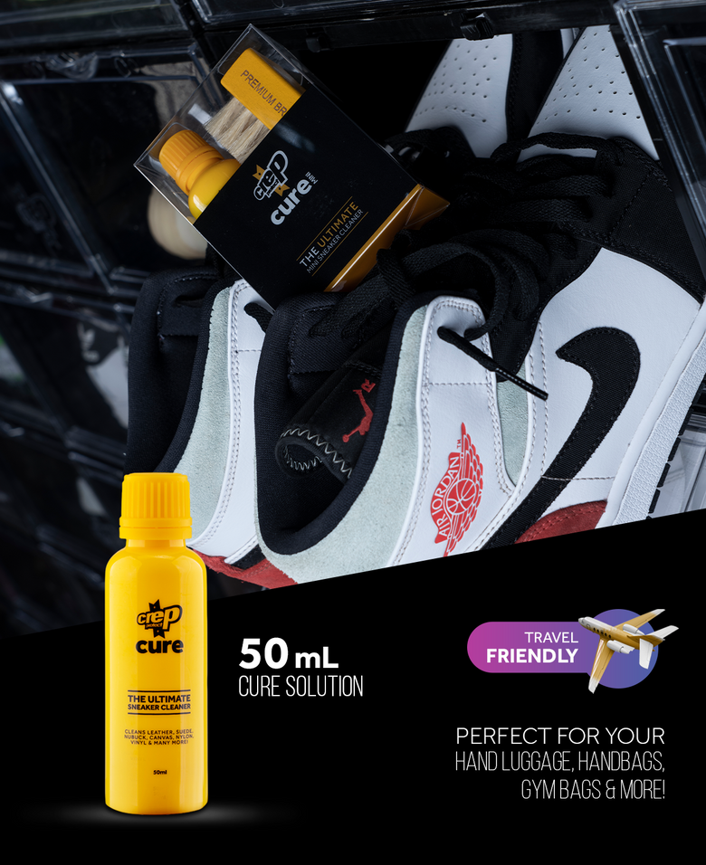 Yellow bottle of 'Cure' solution with a pair of sneakers in the background