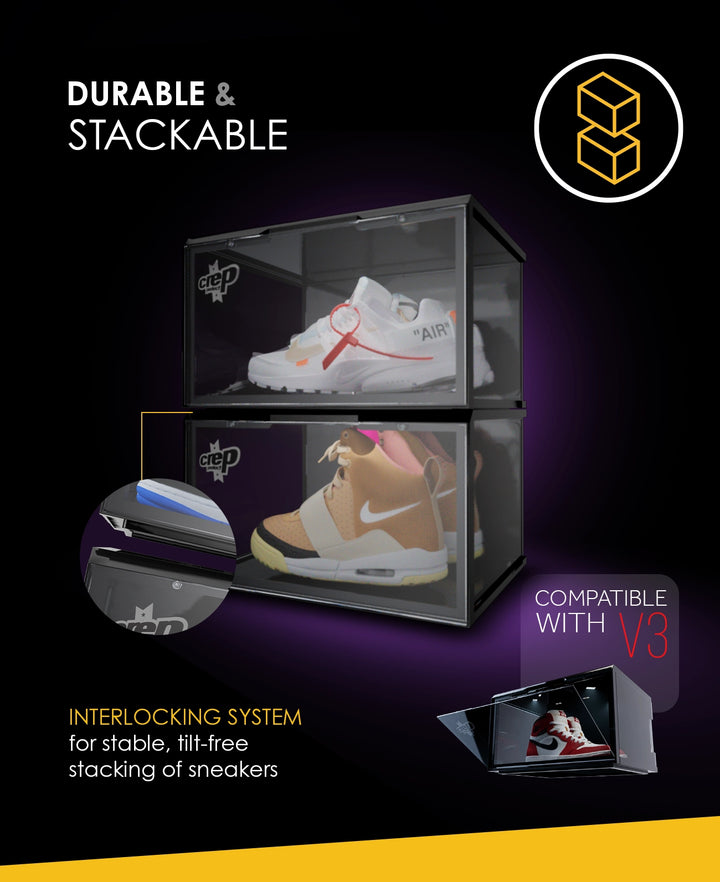 Two sneakers neatly placed inside a transparent Crep Protect sneaker box 3.0