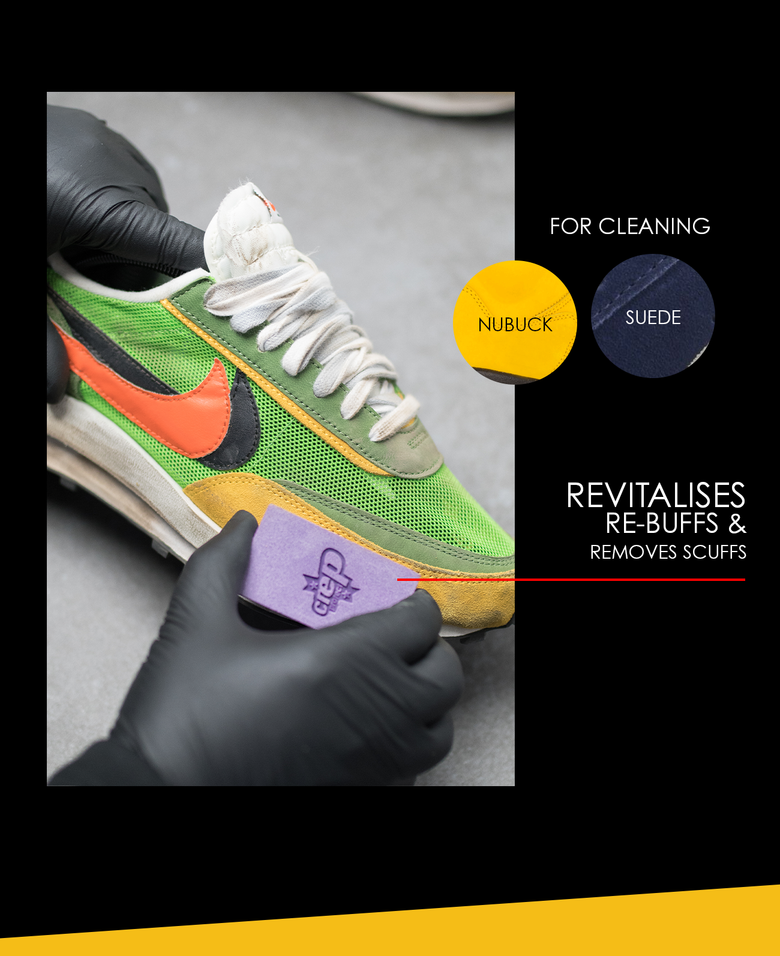 Man using Crep Protect eraser to clean sneaker: effortless shoe care in progress.