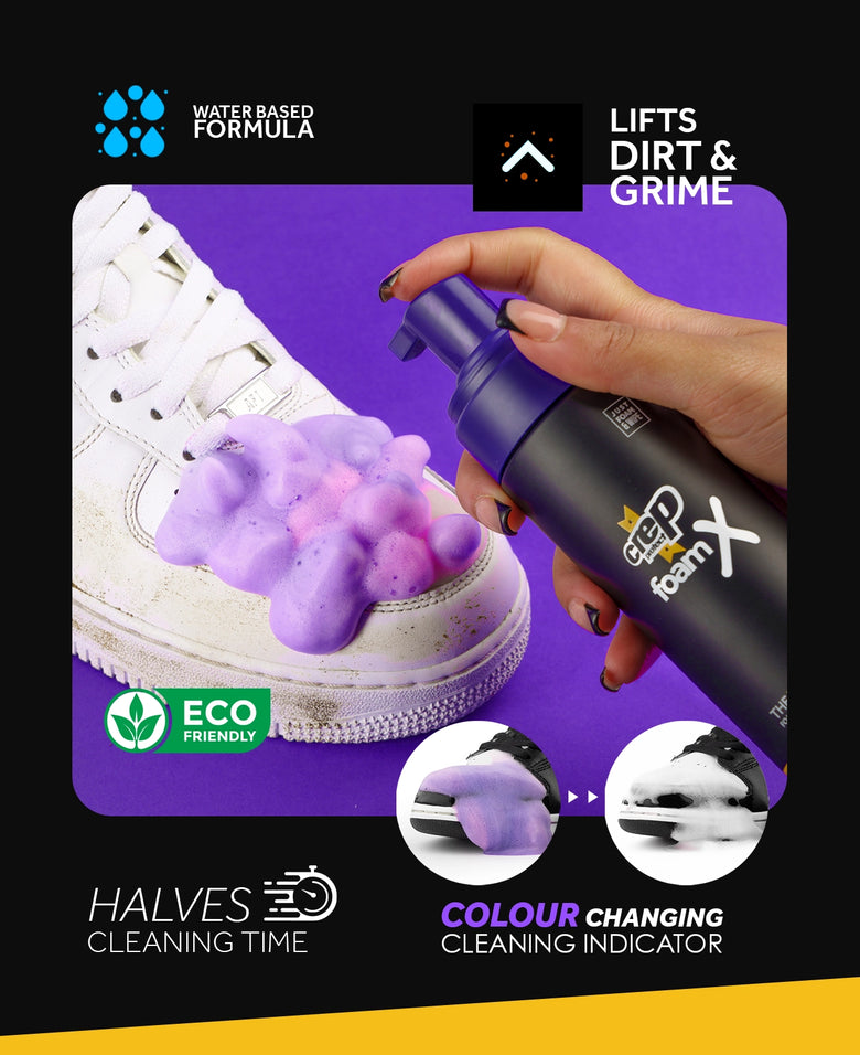 Foam X, a foaming cleaner for deep cleaning sneakers, easy to use with no water needed.