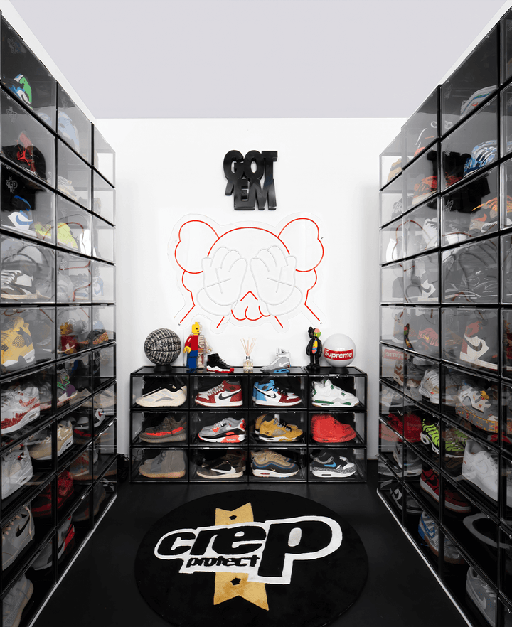 Room Surrounded by Sneakers Stored in Crep Protect sneaker box 3.0 for Organization