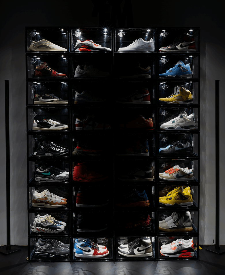 Wall of sneakers neatly organized within Crep Protect sneaker box 3.0 for efficient storage