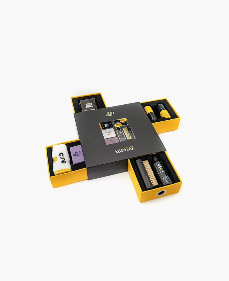 Box pack containing sneaker care essentials for maintenance and protection.