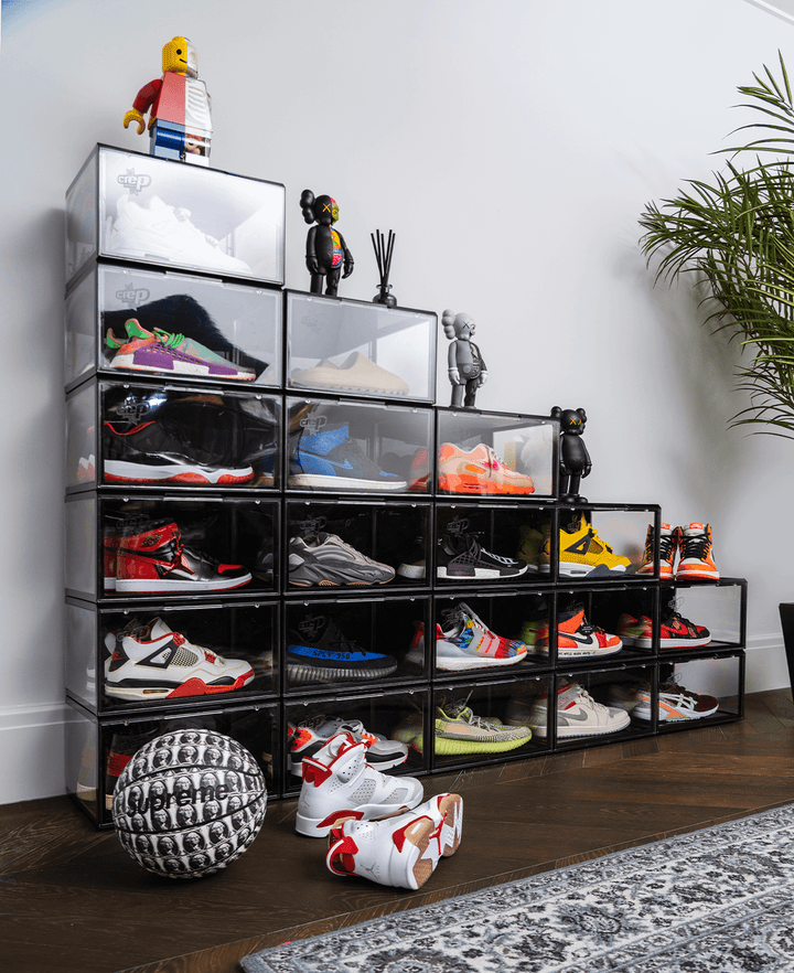 Stacked Crep Protect sneaker box 3.0 for sneaker storage, showcasing clear and interlocking design