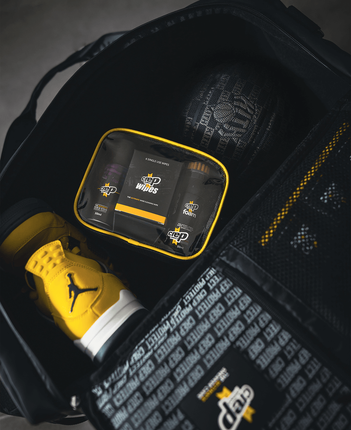 Starter kit neatly packed inside a Crep Protect sneaker bag, containing essential shoe care products.
